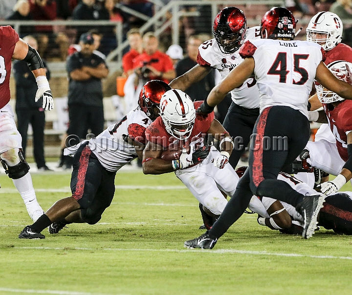 20180831SanDiegoatStanford-19.JPG - Stanford Cardinal running back Bryce Love (20) rushes for 3 yards in the fourth quarter during an NCAA football game against the San Diego State Aztecs in Stanford, Calif. on Friday, August 31, 2017. Stanford defeated San Diego State 31-10. 